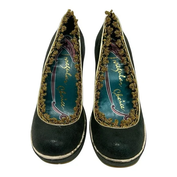 Irregular Choice Green Leather Gold Ricrac Slip On Platform Pumps Heels Women 38 - Picture 4 of 14